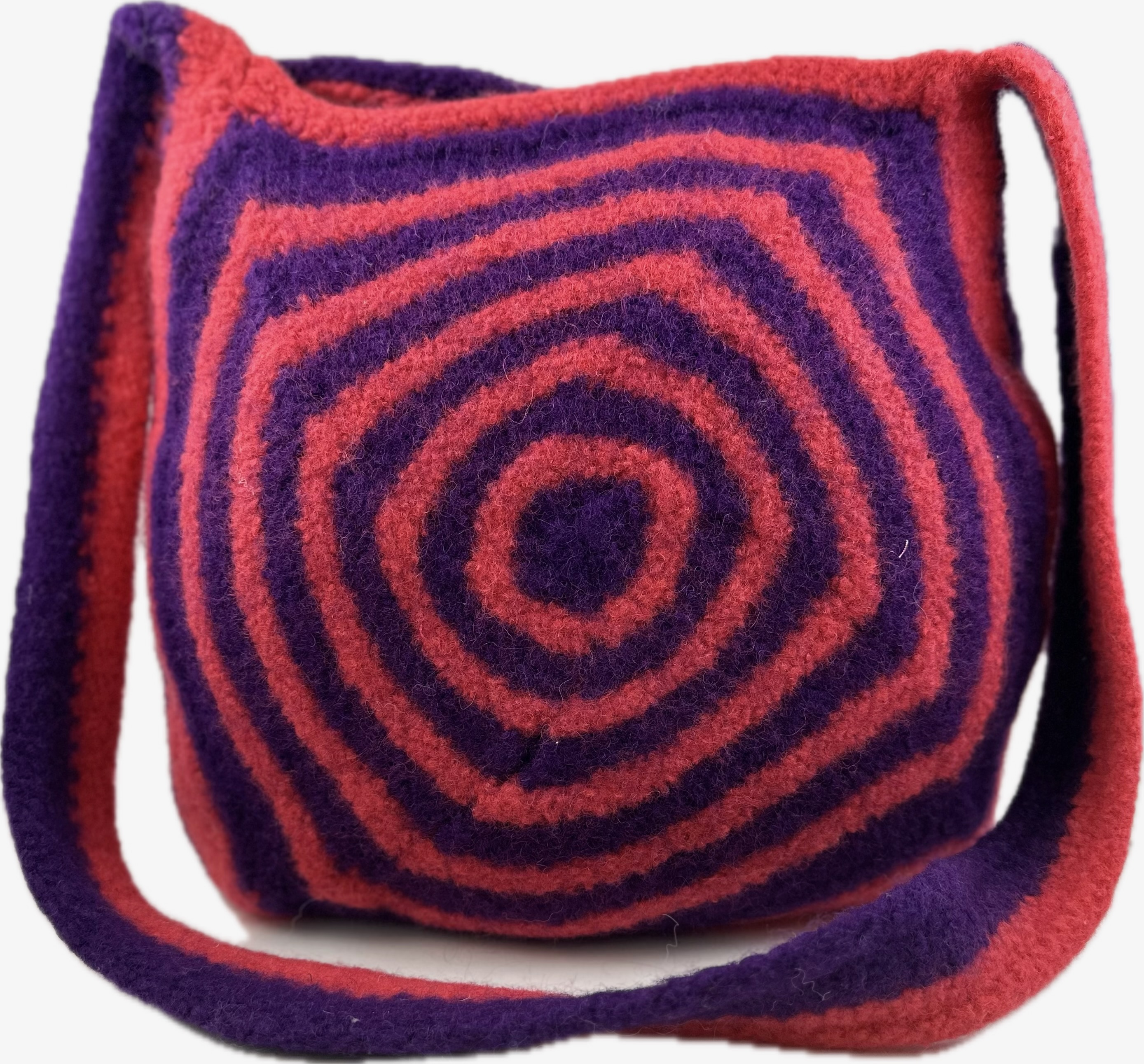 Red and purple concentric spiral felted crossbody purse